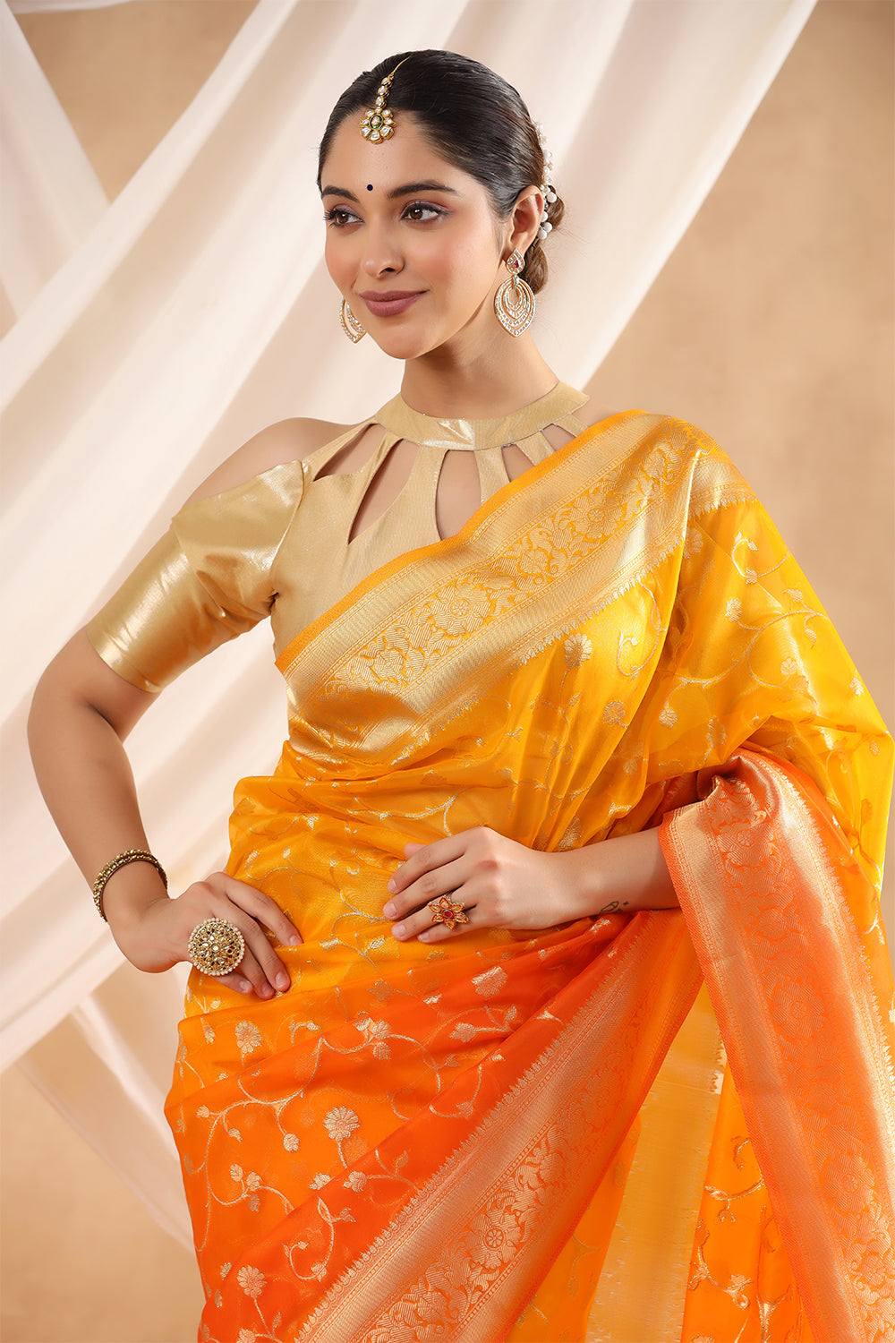 Orange Color Organza Woven Saree