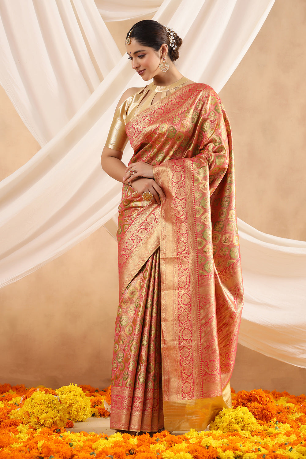 Fuchsia Pink & Green  Color Woven Silk Saree