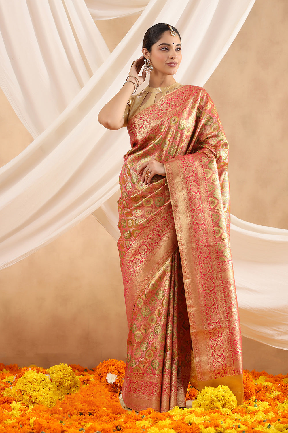 Fuchsia Pink & Green  Color Woven Silk Saree