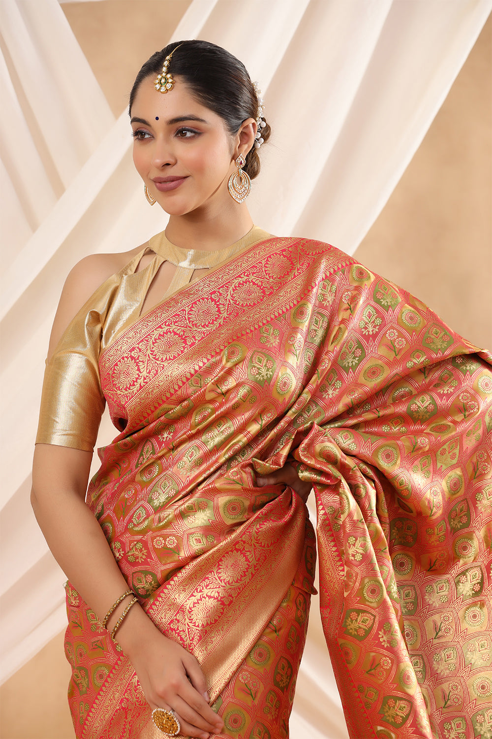 Fuchsia Pink & Green  Color Woven Silk Saree