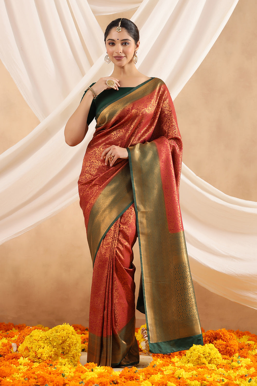 Dark Scarlet Colour Woven Silk Saree