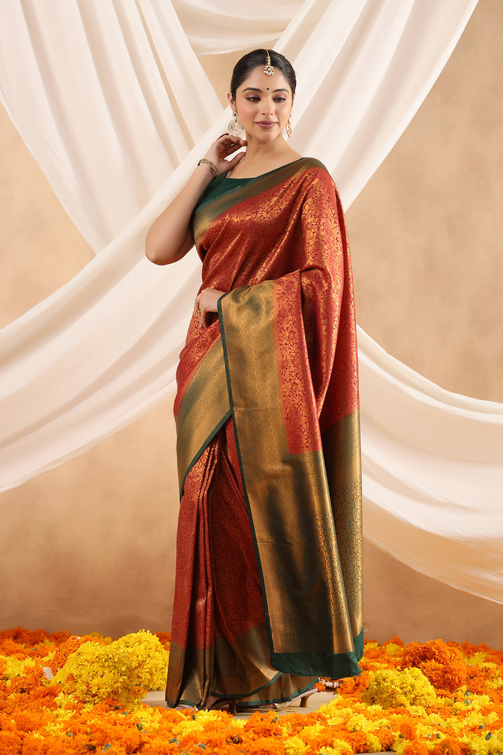Dark Scarlet Colour Woven Silk Saree