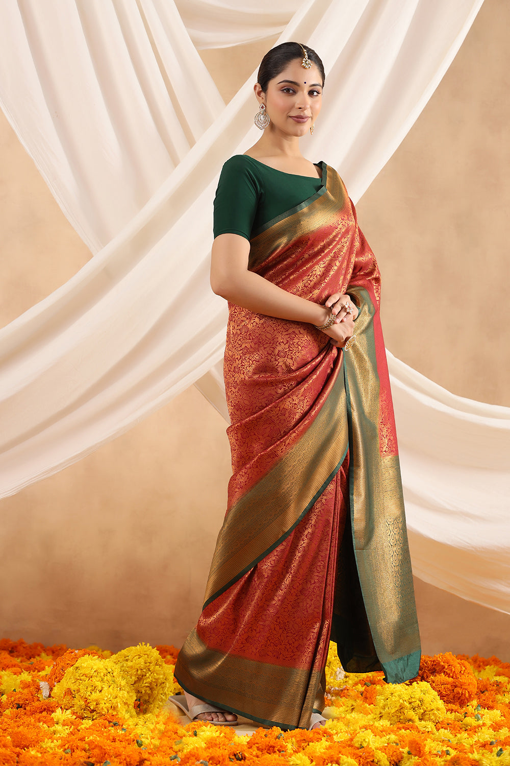 Dark Scarlet Colour Woven Silk Saree