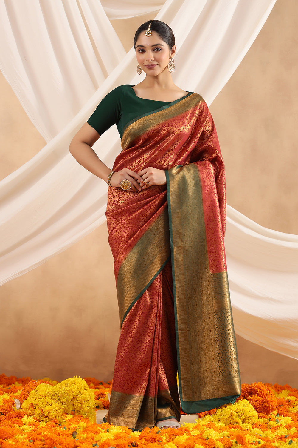 Dark Scarlet Colour Woven Silk Saree