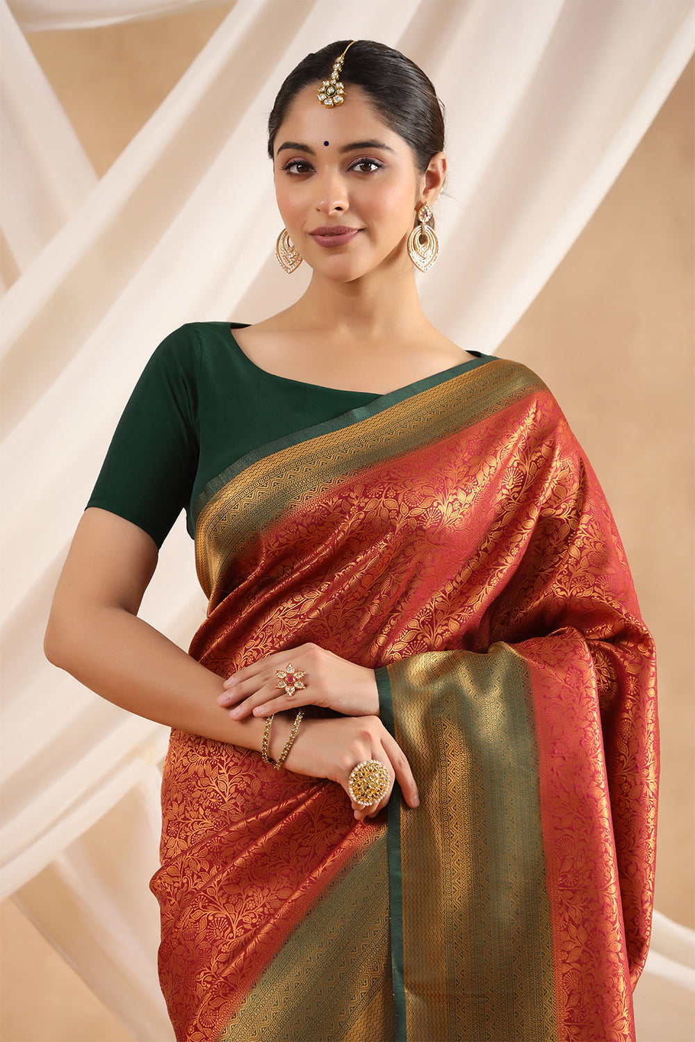 Dark Scarlet Colour Woven Silk Saree