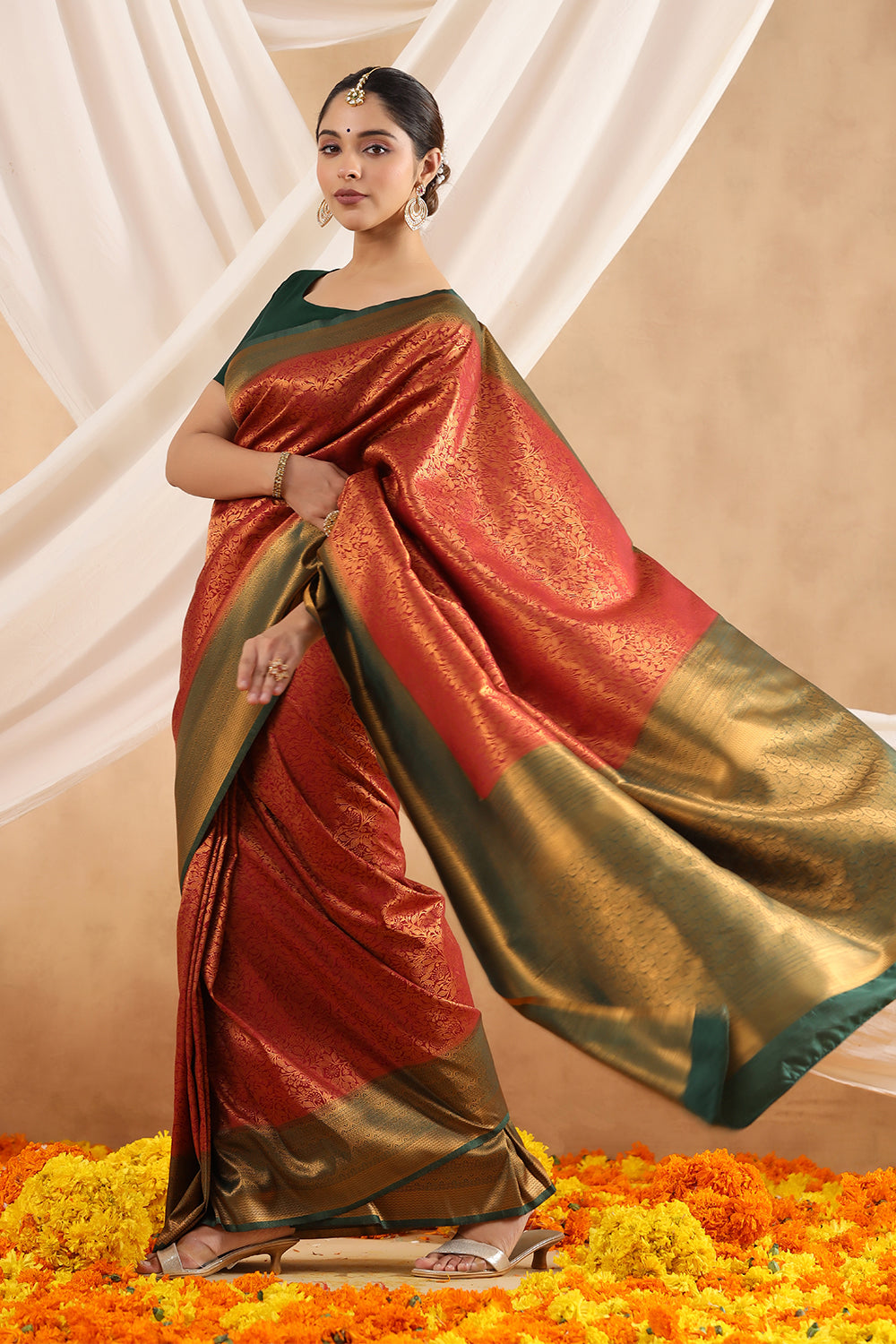 Dark Scarlet Colour Woven Silk Saree