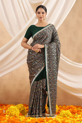 Bottle Green Color Embroidered Georgette Saree