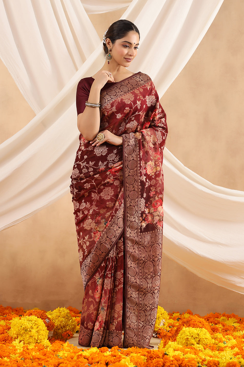 Maroon Color Printed Khaddi Georgette Saree