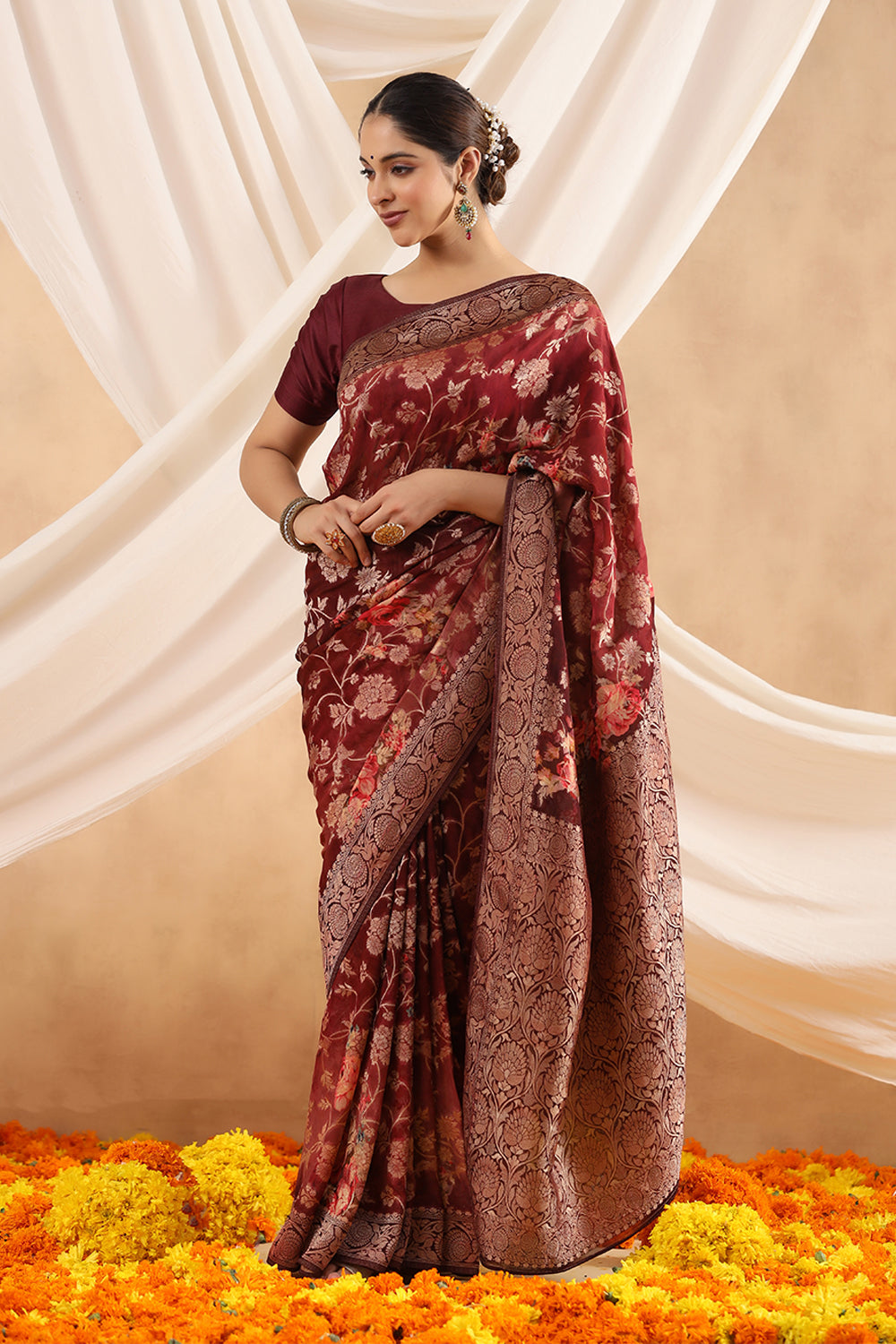 Maroon Color Printed Khaddi Georgette Saree