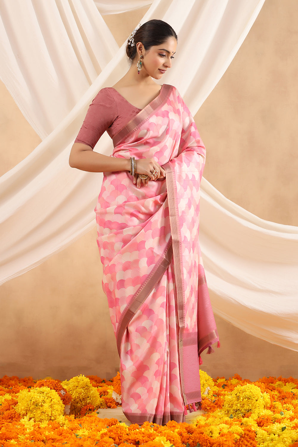 Pink Color Silk Printed Saree