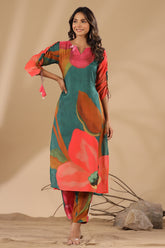 Green & Magenta Color Printed Muslin Co-Ord Set