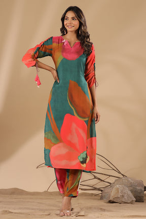 Green & Magenta Color Printed Muslin Co-Ord Set