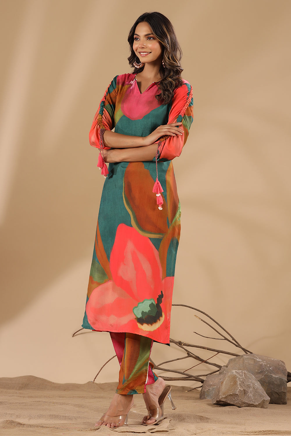 Green & Magenta Color Printed Muslin Co-Ord Set