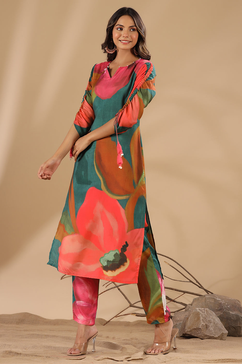 Green & Magenta Color Printed Muslin Co-Ord Set