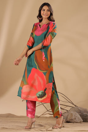 Green & Magenta Color Printed Muslin Co-Ord Set