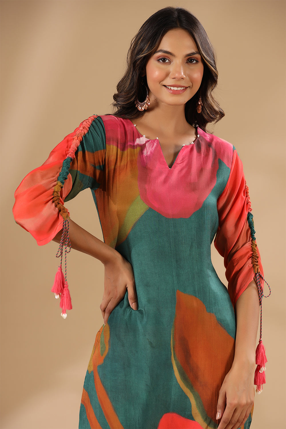 Green & Magenta Color Printed Muslin Co-Ord Set