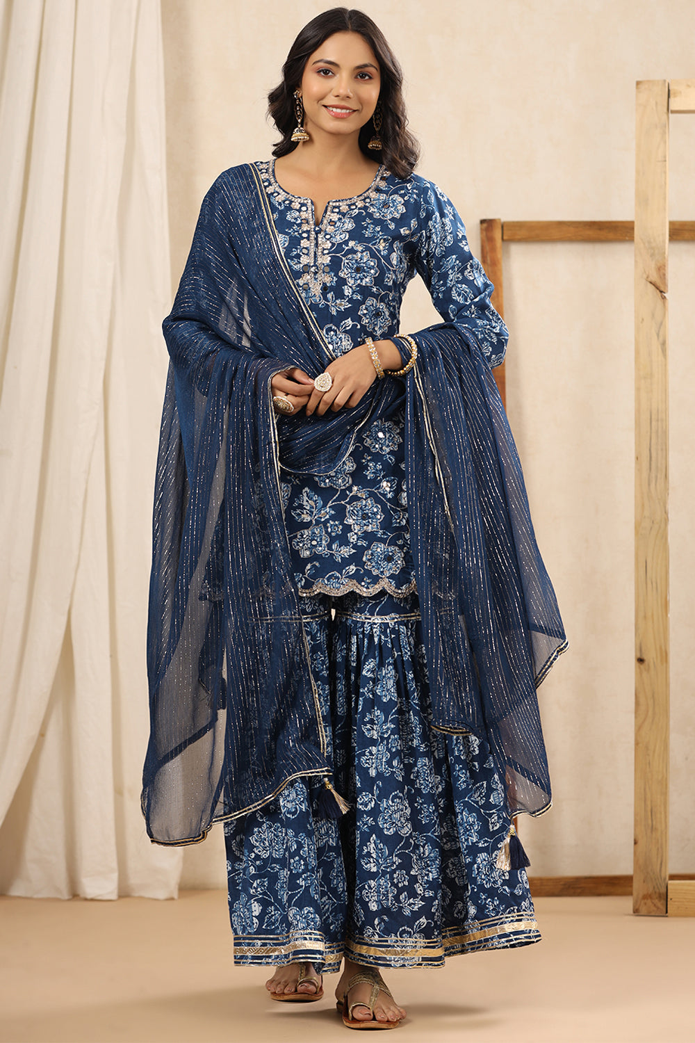 Blue Color Muslin Embroidered Gharara Suit