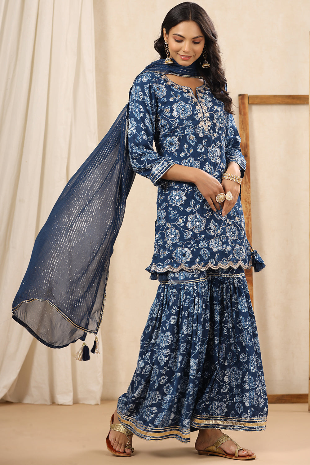 Blue Color Muslin Embroidered Gharara Suit