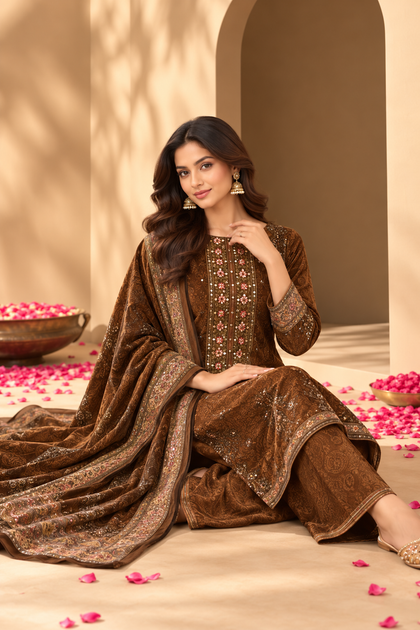 Brown Velvet Digital Printed Unstitched Suit Fabric