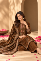 Brown Velvet Digital Printed Unstitched Suit Fabric
