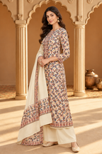 Cream Floral Resham Woven Pashmina Unstitched Suit Fabric