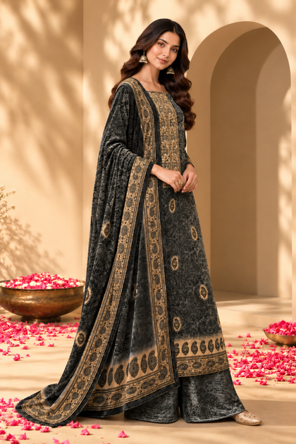Grey Velvet Digital Printed Unstitched Suit Material