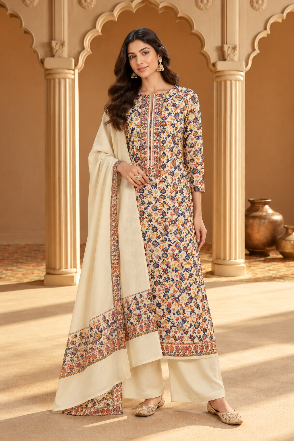 Cream Floral Resham Woven Pashmina Unstitched Suit Fabric