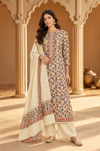 Cream Floral Resham Woven Pashmina Unstitched Suit Fabric