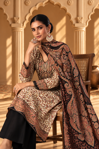 Beige & Black Pashmina Floral Digital Printed Unstitched Suit Material