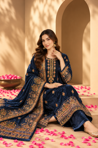 Navy Color Velvet Digital Printed Unstitched Suit Material