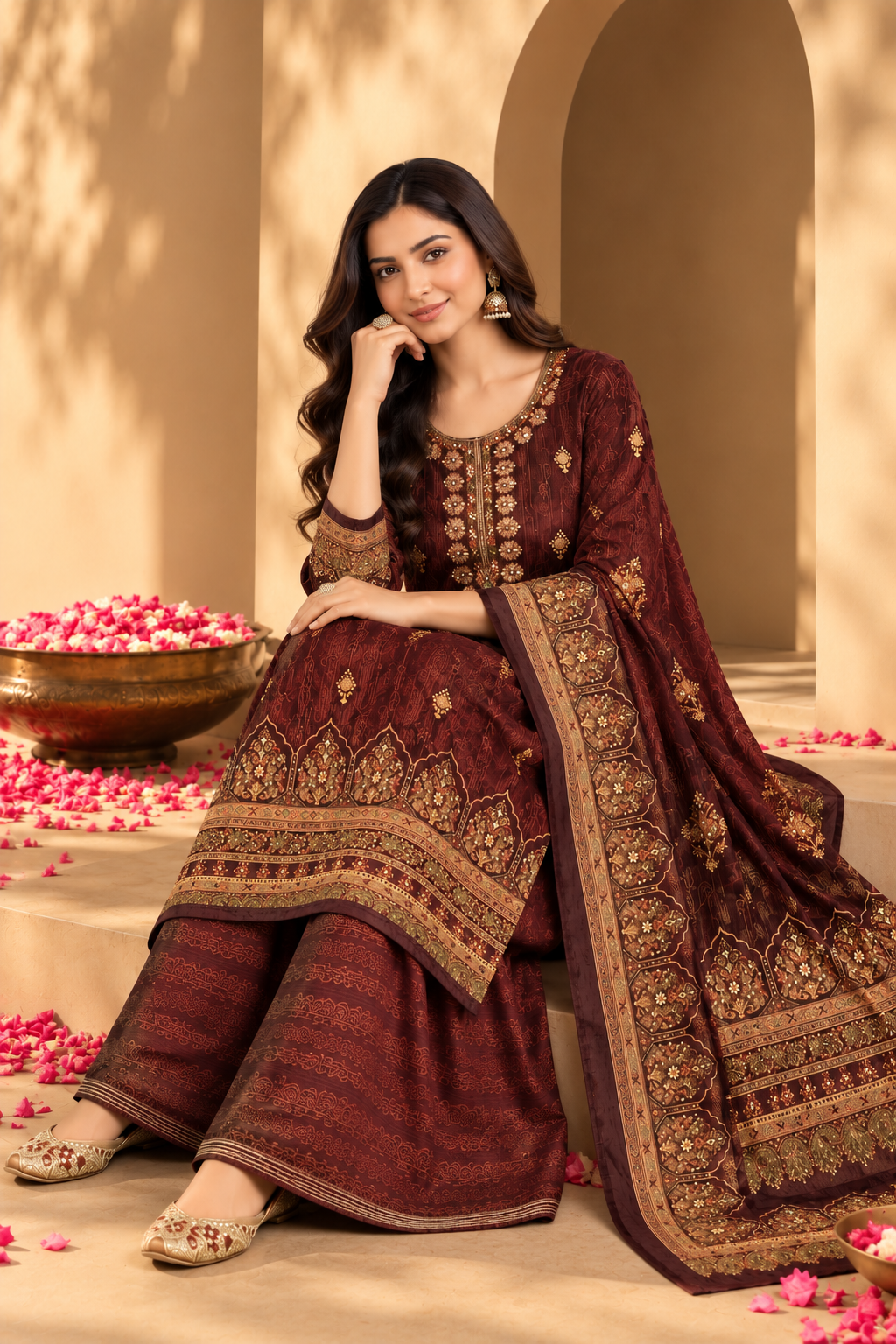 Maroon Color Velvet Digital Printed Unstitched Suit Material
