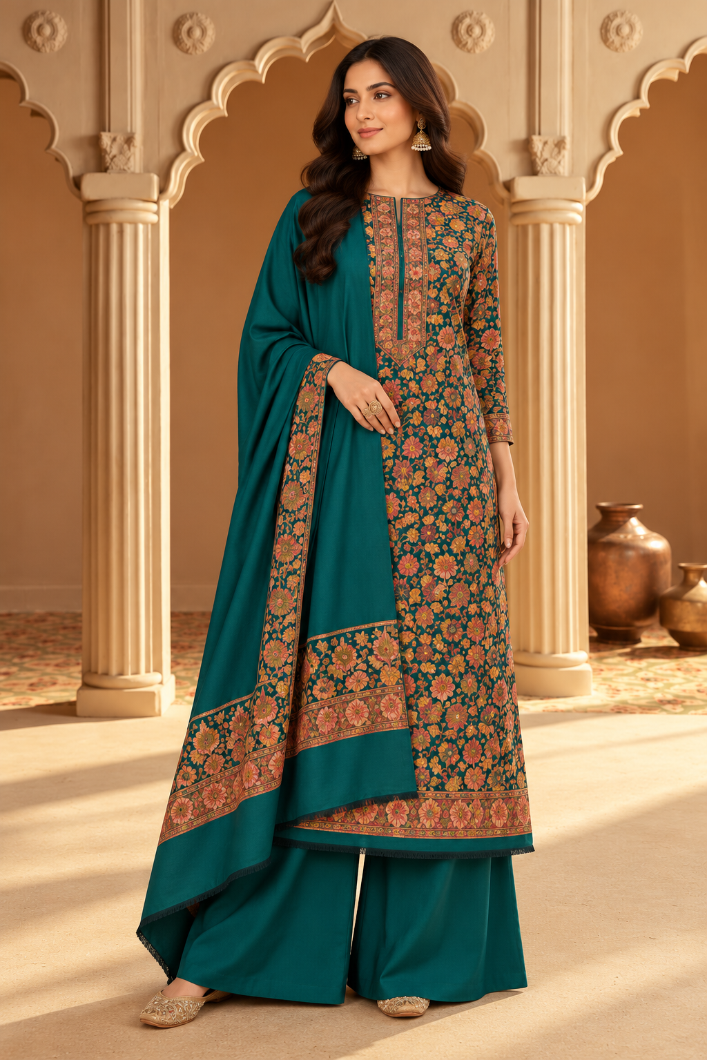 Teal Floral Resham Woven Pashmina Unstitched Suit Fabric