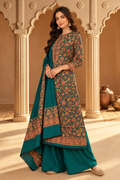 Teal Floral Resham Woven Pashmina Unstitched Suit Fabric