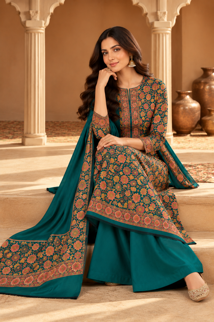 Teal Floral Resham Woven Pashmina Unstitched Suit Fabric