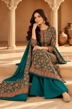 Teal Floral Resham Woven Pashmina Unstitched Suit Fabric