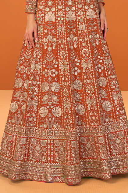Orange Georgette Heavy Embroidered Floor-Length Suit
