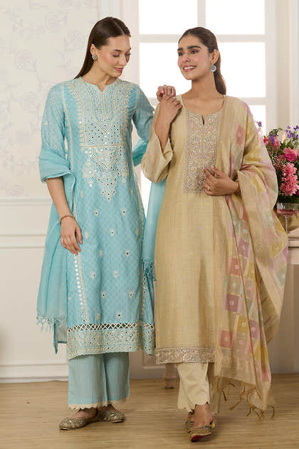 Light Blue Cotton Mirror Work & Resham Embroidered Suit