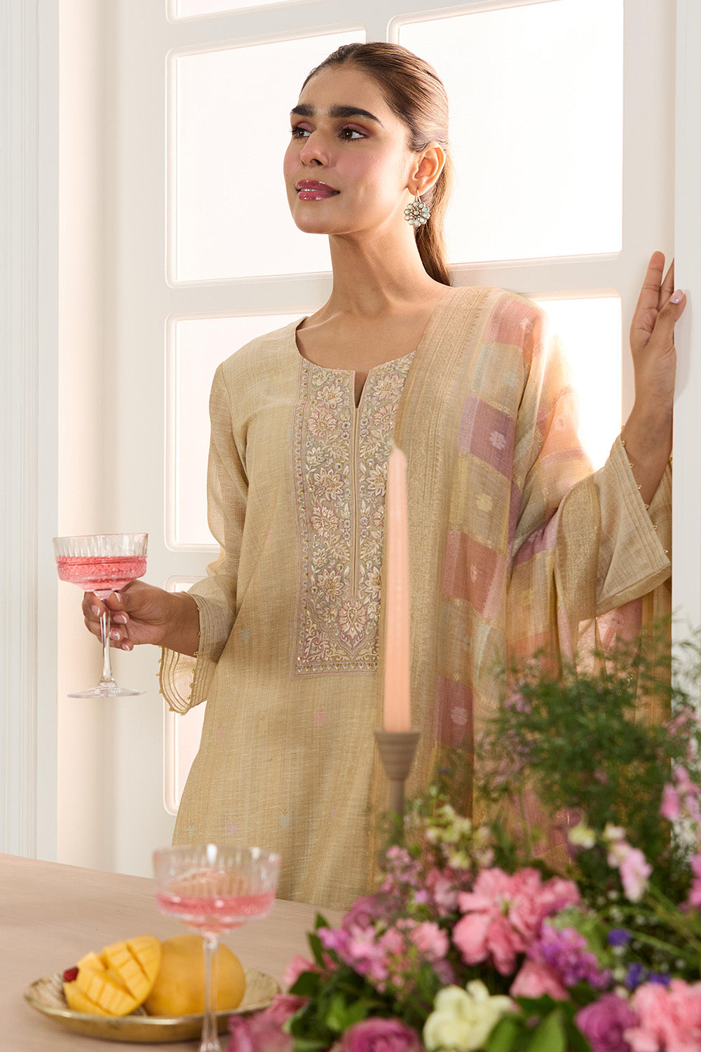 Beige Chanderi Cotton Resham And Zardosi Embroidered Unstitched Suit Material