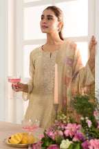 Beige Chanderi Cotton Resham And Zardosi Embroidered Unstitched Suit Material