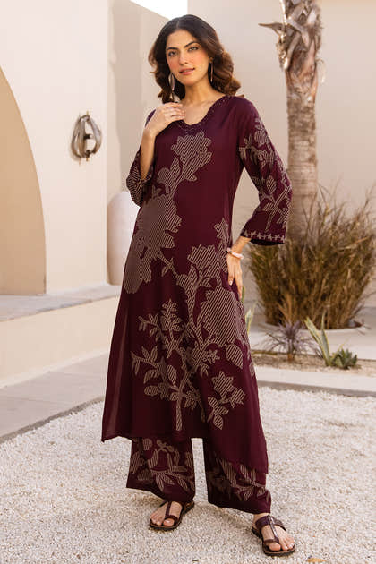Wine Rayon Cotton Floral Printed Kurta Set With Palazzo
