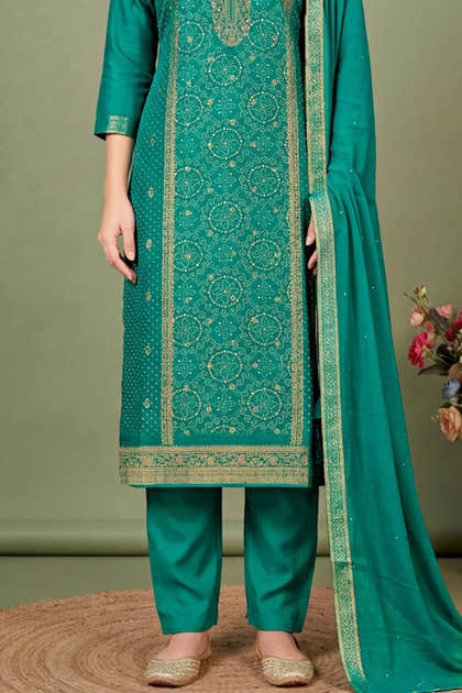 Teal Silk Bandhani Printed and Zari Woven Unstitched Suit Fabric
