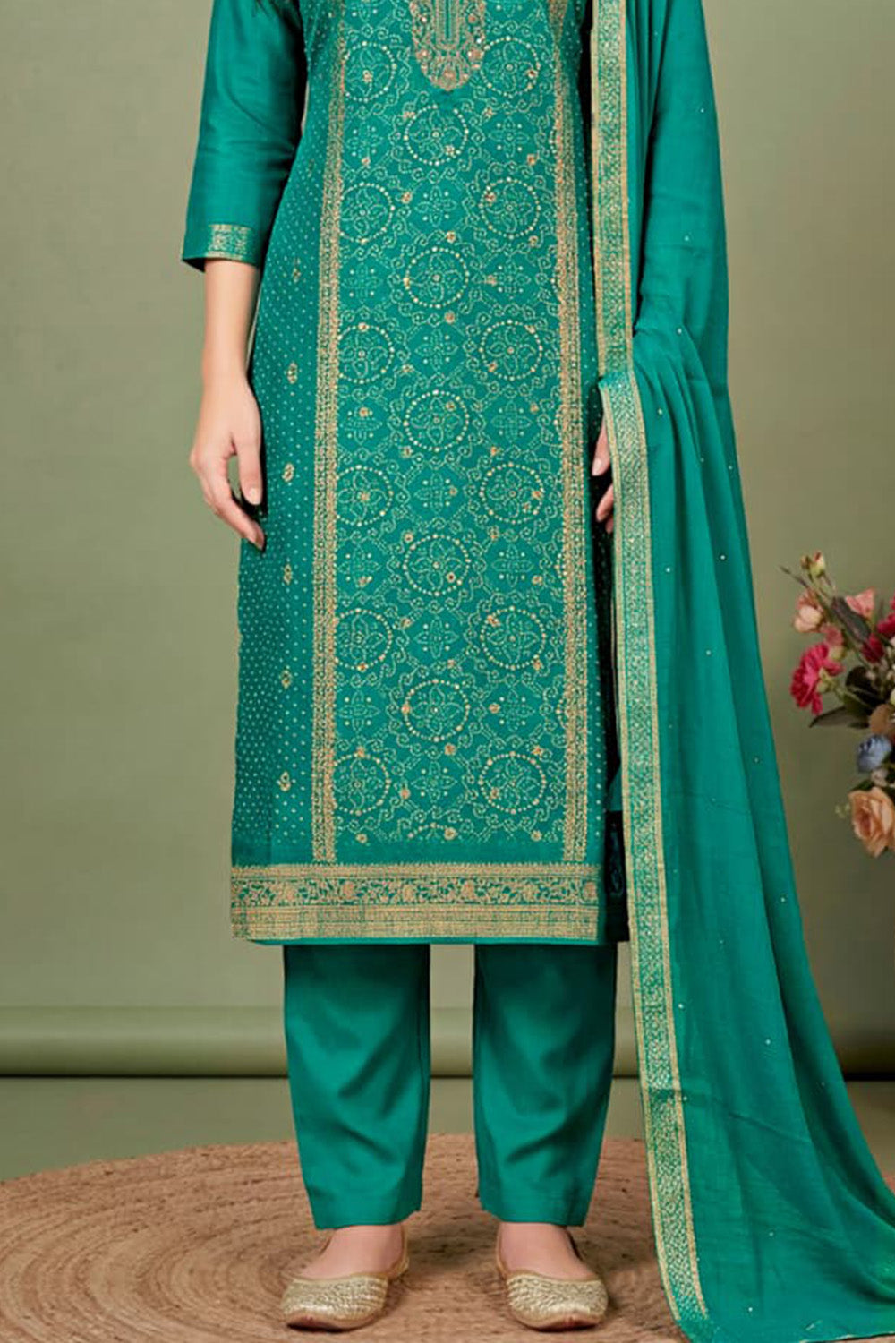 Teal Silk Bandhani Printed and Zari Woven Unstitched Suit Fabric
