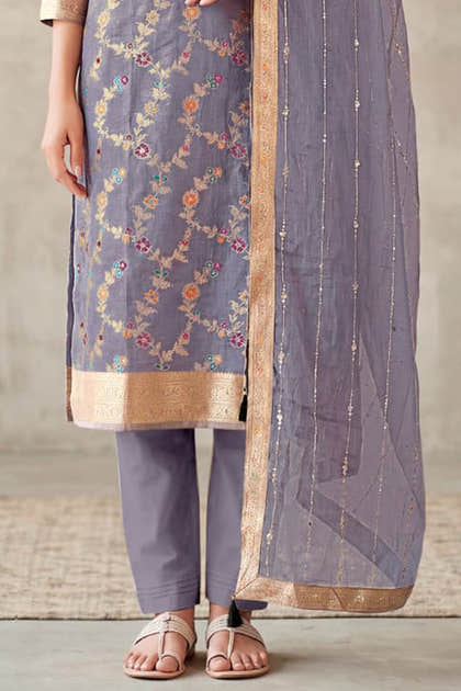 Lavender Silk Resham And Zari Woven Unstitched Suit Fabric