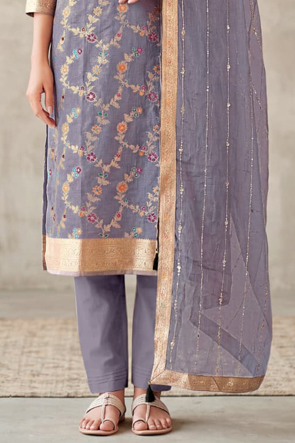 Lavender Silk Resham And Zari Woven Unstitched Suit Fabric