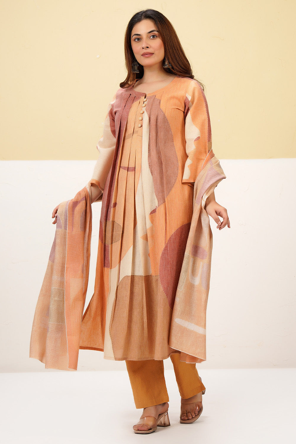 Pastel Mustard Cotton Printed Suit
