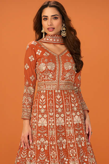 Orange Georgette Heavy Embroidered Floor-Length Suit