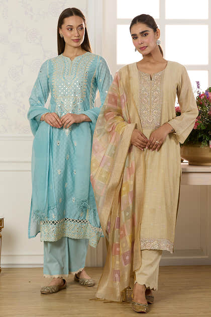 Light Blue Cotton Mirror Work & Resham Embroidered Suit