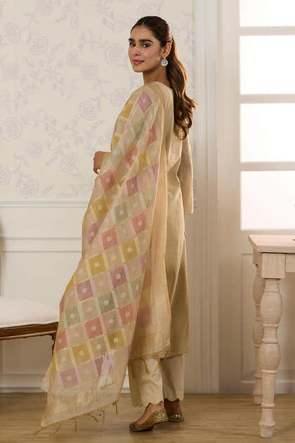 Beige Chanderi Cotton Resham And Zardosi Embroidered Unstitched Suit Material