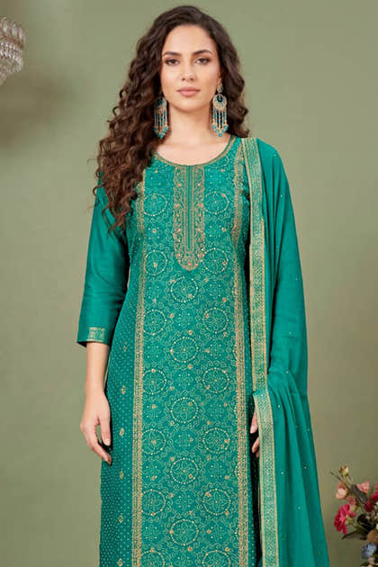 Teal Silk Bandhani Printed and Zari Woven Unstitched Suit Fabric