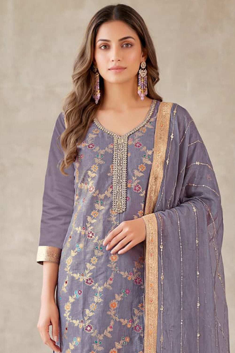 Lavender Silk Resham And Zari Woven Unstitched Suit Fabric
